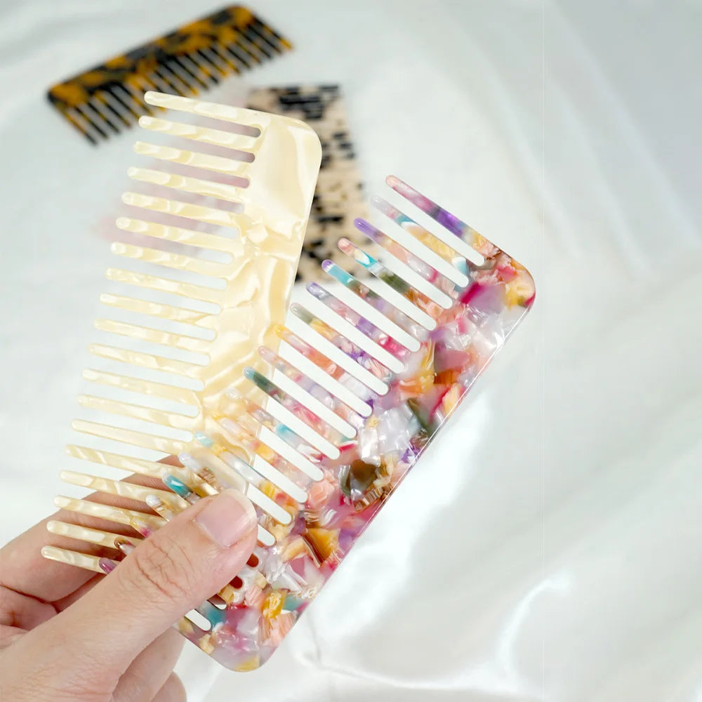 Acetate Hair Comb Set - Wide Tooth Detangling Comb, Anti-static, Tortoise & Colorful Pattern, for Curly/Thick Hair, Daily & Trav