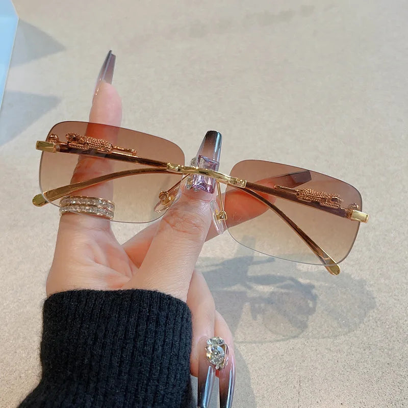 12pcs New Rimless Small Rectangle Sunglasses Fashion Y2K Frameless Sun Glasses Shades Leopard Decoration For Women Men UV400