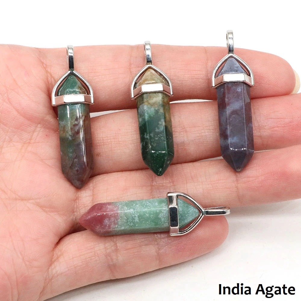 1PC Hexagonal Chakra Crystal Pendant Bullet Shape Natural Gemstone Pointed Quartz Stone Pendants for DIY Necklace Jewelry Making