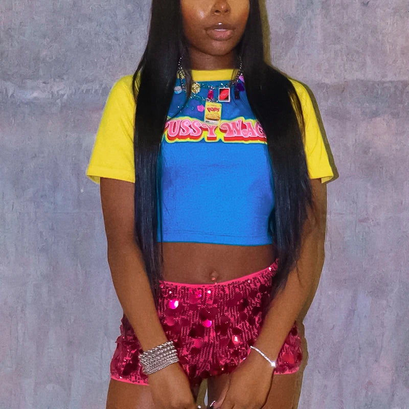 CUTENOVA Letter Printed Color Clashing Round Neck Pullover Spice Girls Short Halter Short Sleeve T-Shirt Tops For Y2K Girls Wear