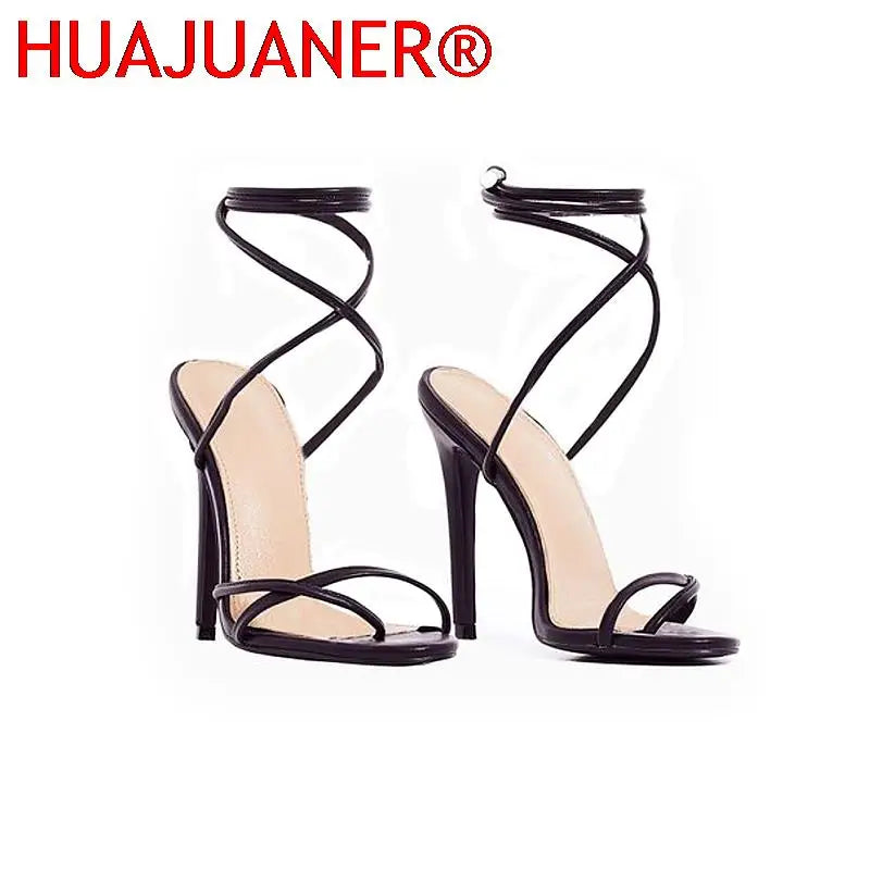 European Summer Sandals Candy Color Point Toe Lace Ankle Strap Party High Heels Pumps 11.5cm High Thin Heel Sandals Lady