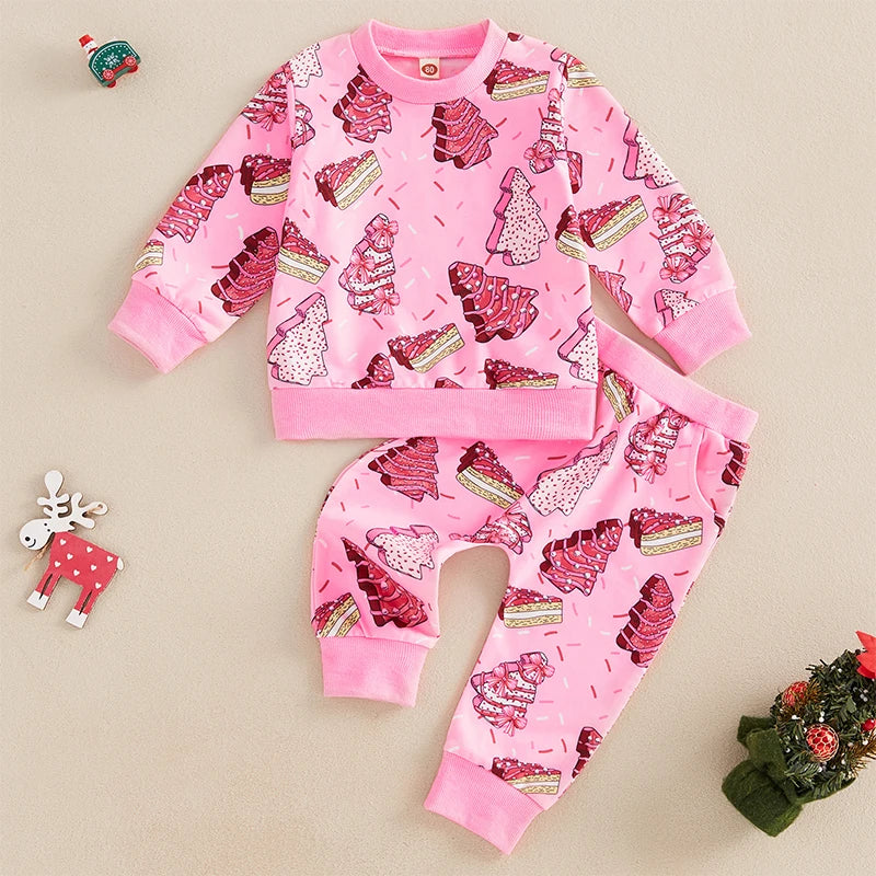 Toddler Baby Girl 2Pcs Christmas Outfits Long Sleeve Cake Print Sweatshirt + Pants Set Clothes