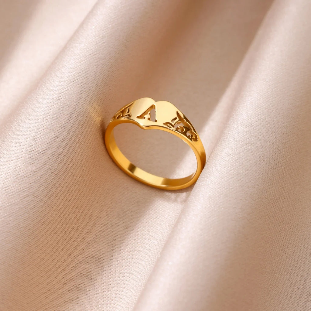 Initial A-Z Letter Rings For Women Gold Color Stainless Steel Heart Alphabet Name Finger Ring Punk Birthday Jewelry Gift Femme