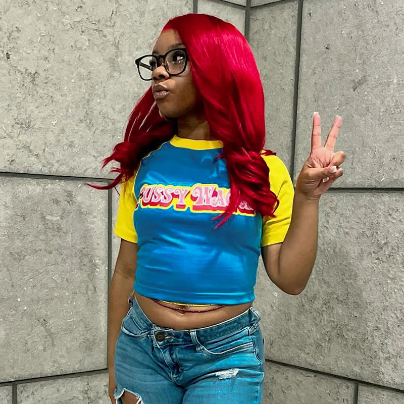 CUTENOVA Letter Printed Color Clashing Round Neck Pullover Spice Girls Short Halter Short Sleeve T-Shirt Tops For Y2K Girls Wear