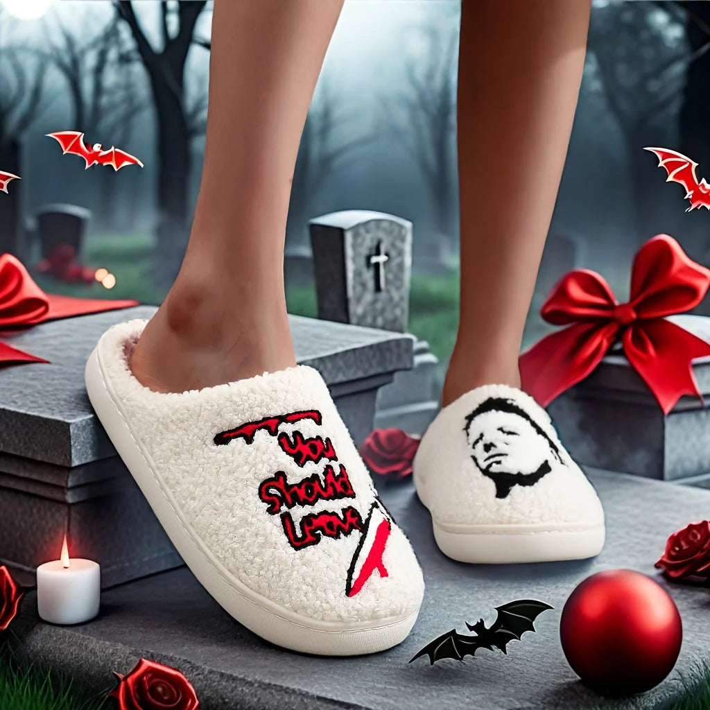 Halloween-themed plush slippers, featuring open-toe design for comfort and warmth, as well as  for indoor floor slippers
