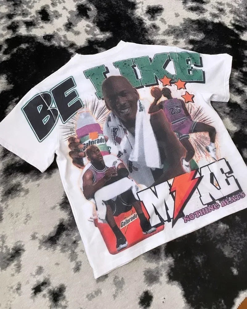 Summer Retro Letter Portrait Printed T-shirt for Men Y2k Fashion Harajuku Large Round Neck Short Sleeved Women Graphic T Shirts