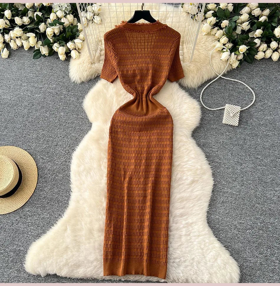 2025 New Arrival Women Knitted Long Dress Elegant V-neck Single-breasted Split Sweater Dress Office Lady Vestidos