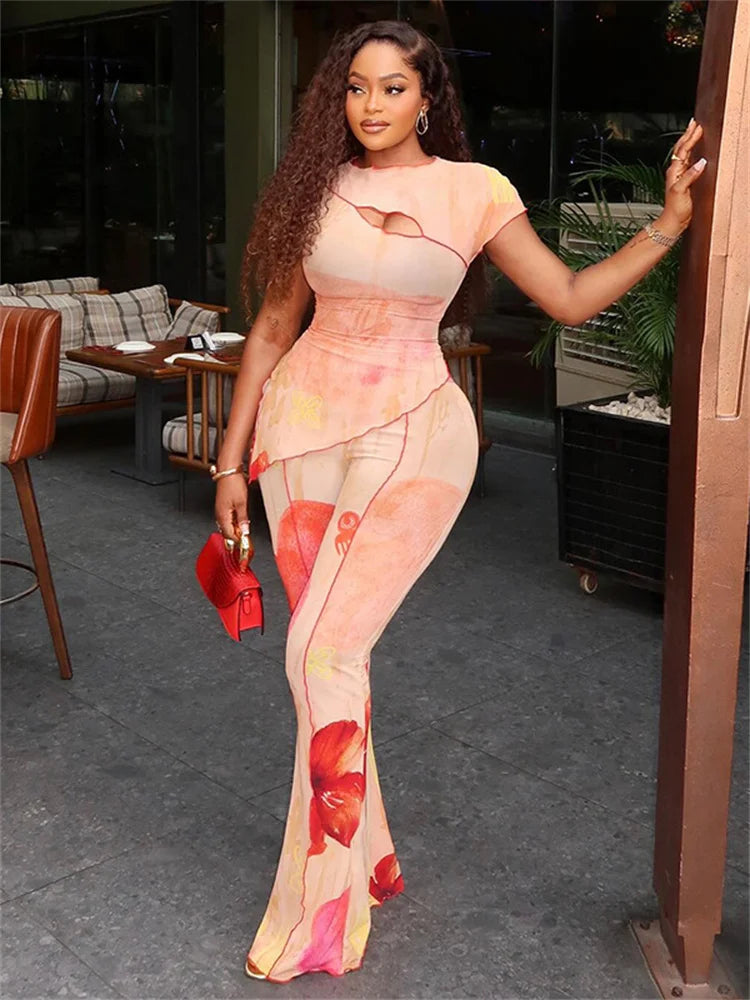 Weird Puss Stylish Floral Print 2-Piece Set Women O-Neck Irregular Hollow Ruffle Split Hem Top+Flare Pants Elegant Vacation Suit