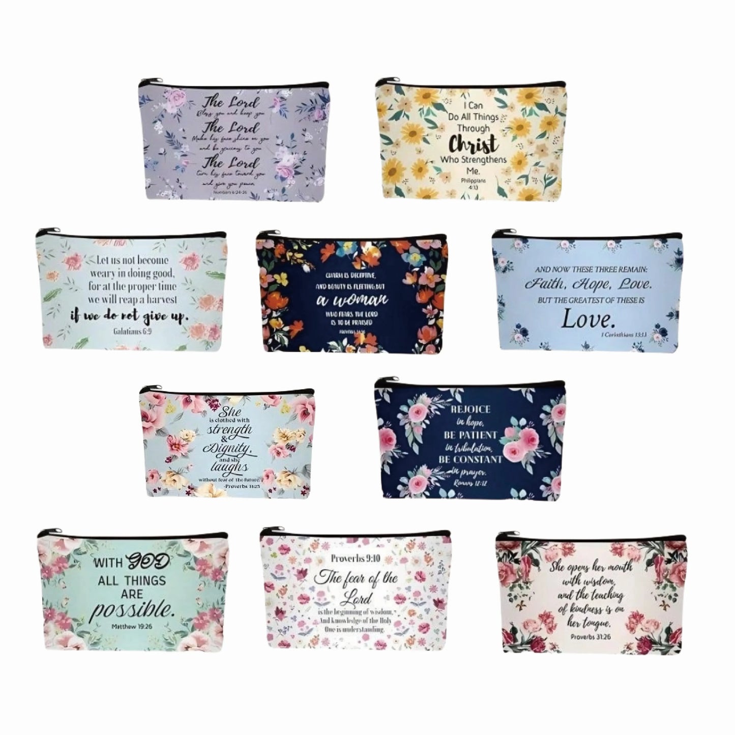 10 Pcs Christian Makeup Bag Bible Pencil Pouch Bible Cover Floral Cosmetic Bags Set Christian Inspirational Religious Gifts Stud