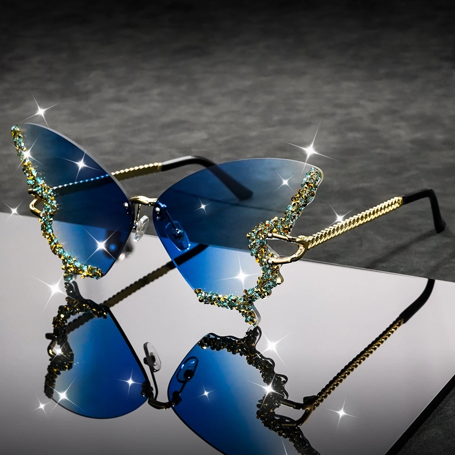Butterfly Rimless Fashion Sunglasses for Women Men Bling Rhinestone Gradient Decorative Glasses for Costume Party