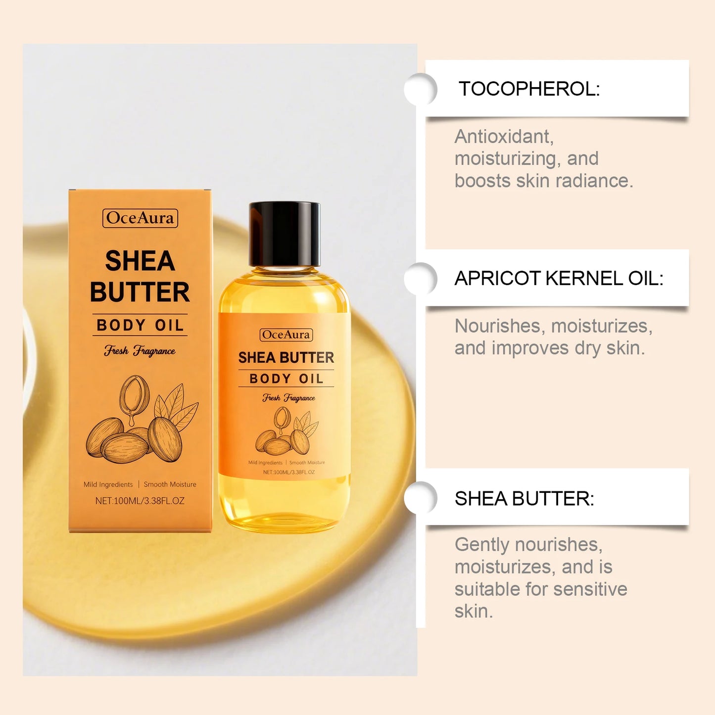 OceAura100ml Shea Butter Body Oil Moisturizing Whole Body Massage Essential Oil for Dry Skin Moisturizer Hydrating