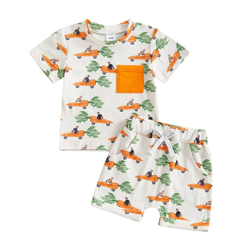 2024-12-23 Lioraitiin Summer Toddler Baby Boys Easter Outfits Bunny Pattern Crew Neck Short Sleeve T-Shirt with Shorts Set