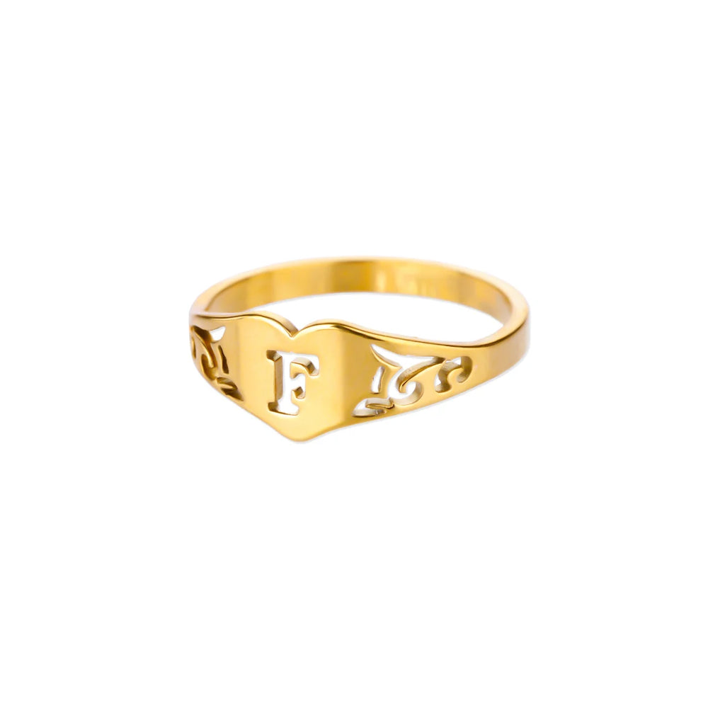 26 English Hollow Letter Initial Heart Open Rings For Women Gold Color Adjustable Stainless Steel Ring Wedding Fashion Jewelry