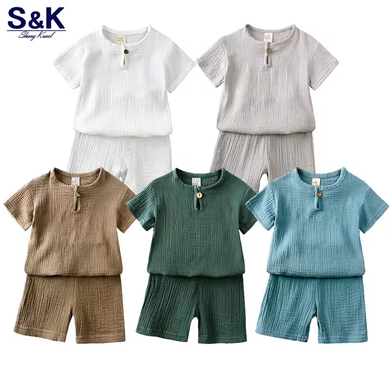0-7years Summer Children's Clothing Set Boys & Girls Cotton Linen Suits Baby Loungewear Outfit T-shirt Tops + Shorts 2pcs