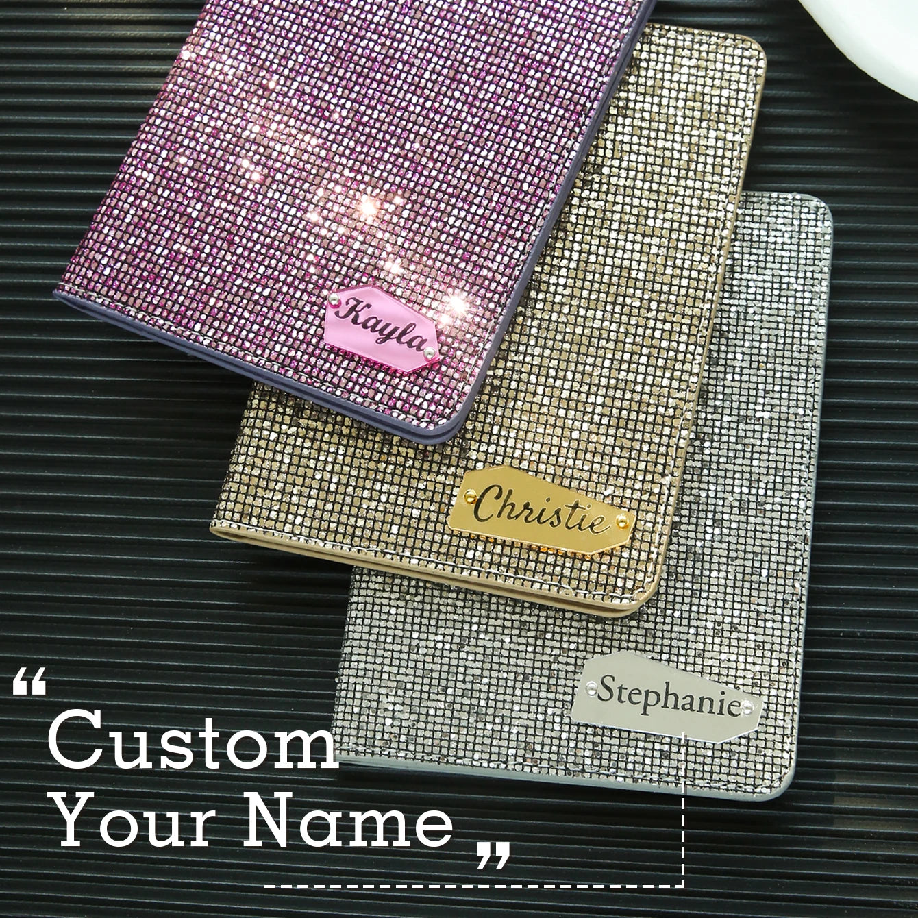 1PCS Personalized Name Passport Holder with Disco Ball Sequins Custom Unique Passport Holder with Shiny Mirror Name Tag