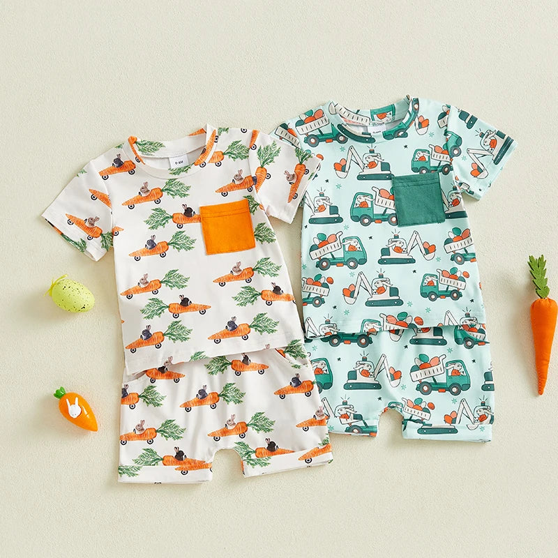 2024-12-23 Lioraitiin Summer Toddler Baby Boys Easter Outfits Bunny Pattern Crew Neck Short Sleeve T-Shirt with Shorts Set