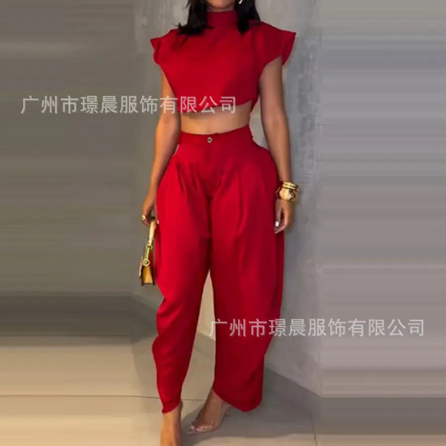 New Summer Fashion Women's High Waist Trousers Top Two-piece Set For Women Elegant Black Casual Two Piece Outfits Woman