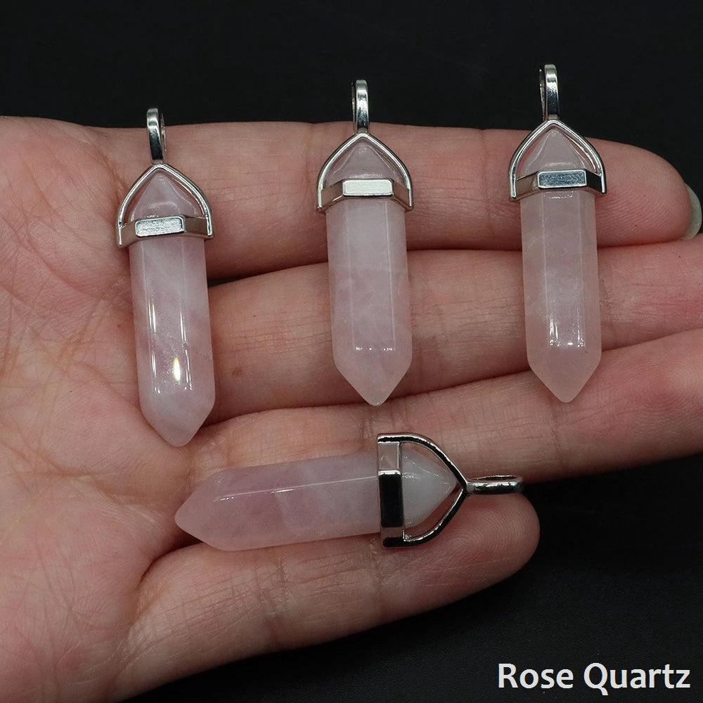 1PC Hexagonal Chakra Crystal Pendant Bullet Shape Natural Gemstone Pointed Quartz Stone Pendants for DIY Necklace Jewelry Making