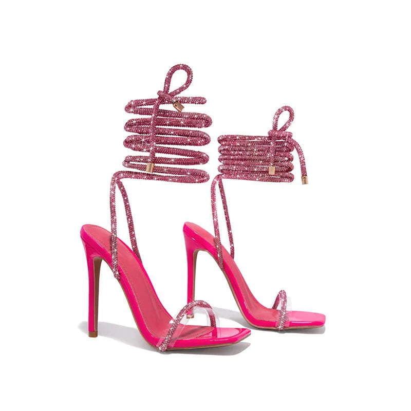 Liyke Fashion Glitter Rhinestones Women Sandals Crystal Ankle Strap High Heels Party Prom Shoes Lady Wedding Stiletto Sandalias
