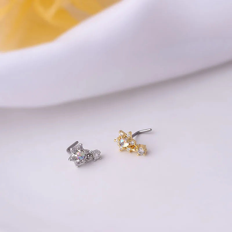 1Piece Fashion L Shaped Dangle Nose Studs Piercing 20G Stainless Steel Flower Moon Tassels Zircon Nostril Screw Piercing Jewelry
