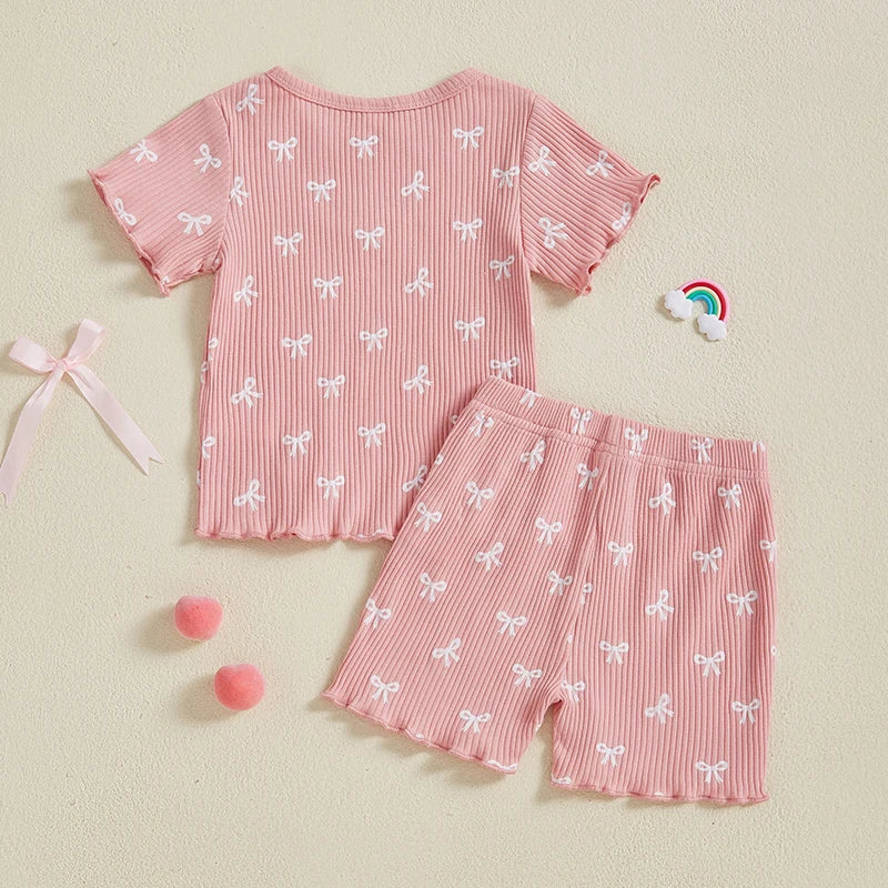 2024-12-09 Lioraitiin Toddler Baby Girl Bow Ribbed Outfit Lettuce Trim Short Sleeve Tops Elastic Waist Shorts Summer Set
