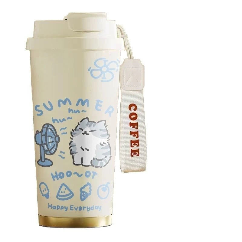 520ml Cute Cartoon Cat Insulated Cup High Appearance Stainless Steel Straw Cup Cold And Hot Insulation Double Drinking Cup