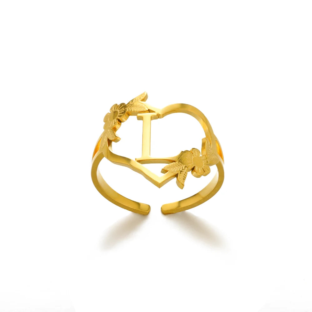 Stainless Steel Gold Color Heart A-Z Letter Rings For Women Anillos Mujer Love Open Initials Name Alphabet Ring Jewelry Gift