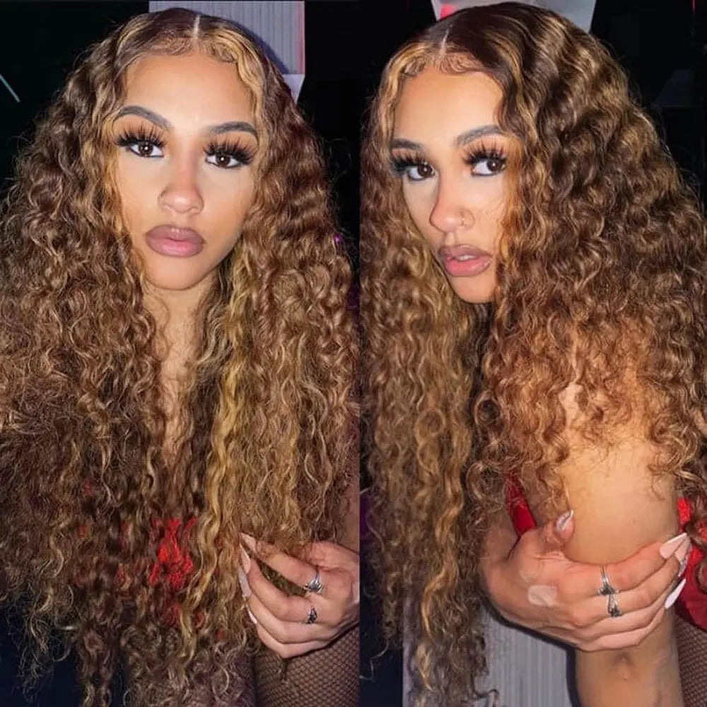 250% Density Highlight Colored 13x4 Lace Frontal Human Hair Wig Brazilian 4/27 Deep Wave Human Hair Wigs For Women Pre Plucked