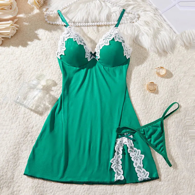 1 Set Of V-neck Women's Lingerie Sexy Suit Soft Bra Nightgown With Thong Intimates Underwear Heart Print Bras Briefs Night Dress