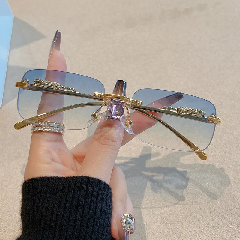 12pcs New Rimless Small Rectangle Sunglasses Fashion Y2K Frameless Sun Glasses Shades Leopard Decoration For Women Men UV400