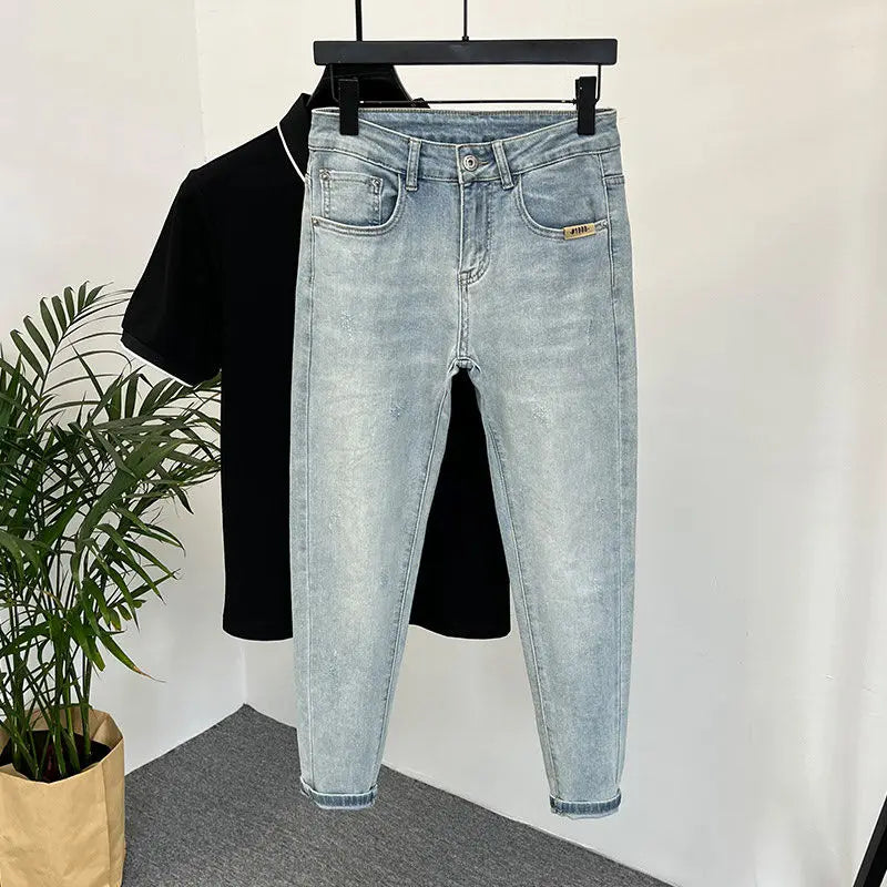 Jeans Men's Trendy Brand Light-colored Fashion Youth Casual Pants Cowboy Simple Ruffian Handsome Slim-fitting Skinny Jeans Men