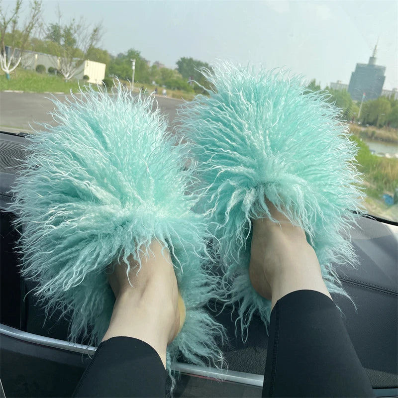 Women Summer Luxury Fluffy Faux Fur Slides Amazing Fur Sandals