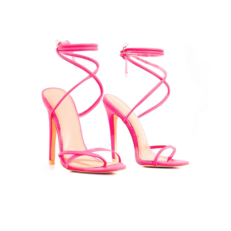 European Summer Sandals Candy Color Point Toe Lace Ankle Strap Party High Heels Pumps 11.5cm High Thin Heel Sandals Lady