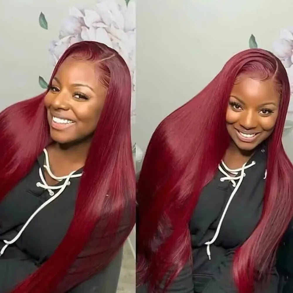 Burgundy HD Lace Front Wig — Straight 99J Human Hair, 200% Density
