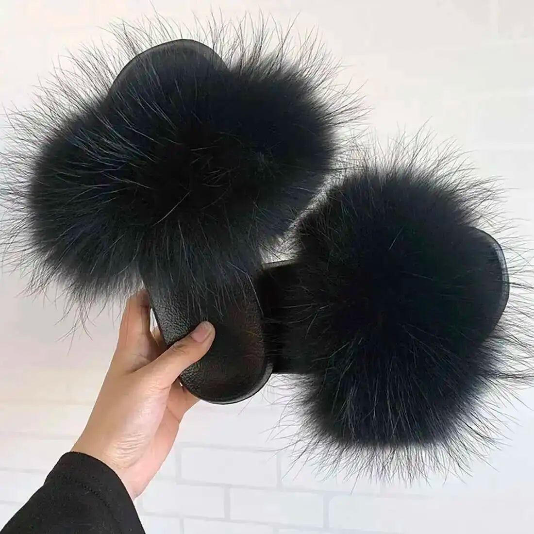 Ladies Real Fox Fur Slippers Summer Female Slides New Fuzzy Indoor Home Flats Women Cute Sandals Outdoor Beach Shoes Flip Flops