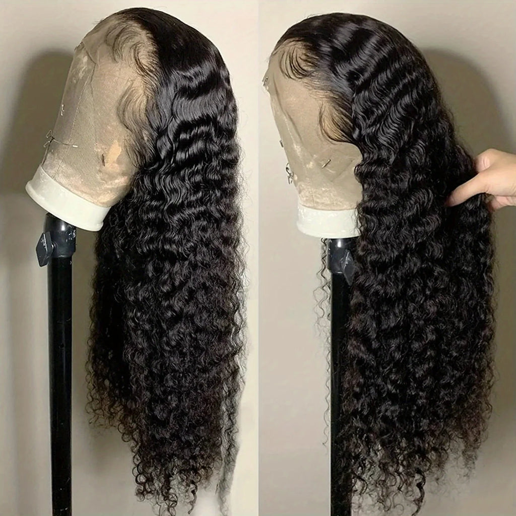 13x4 Natural Black 200 Density Deep Wave Brazilian Virgin Hair HD Transparent Lace wig Frontal Wig Pre plucked Wig For Women