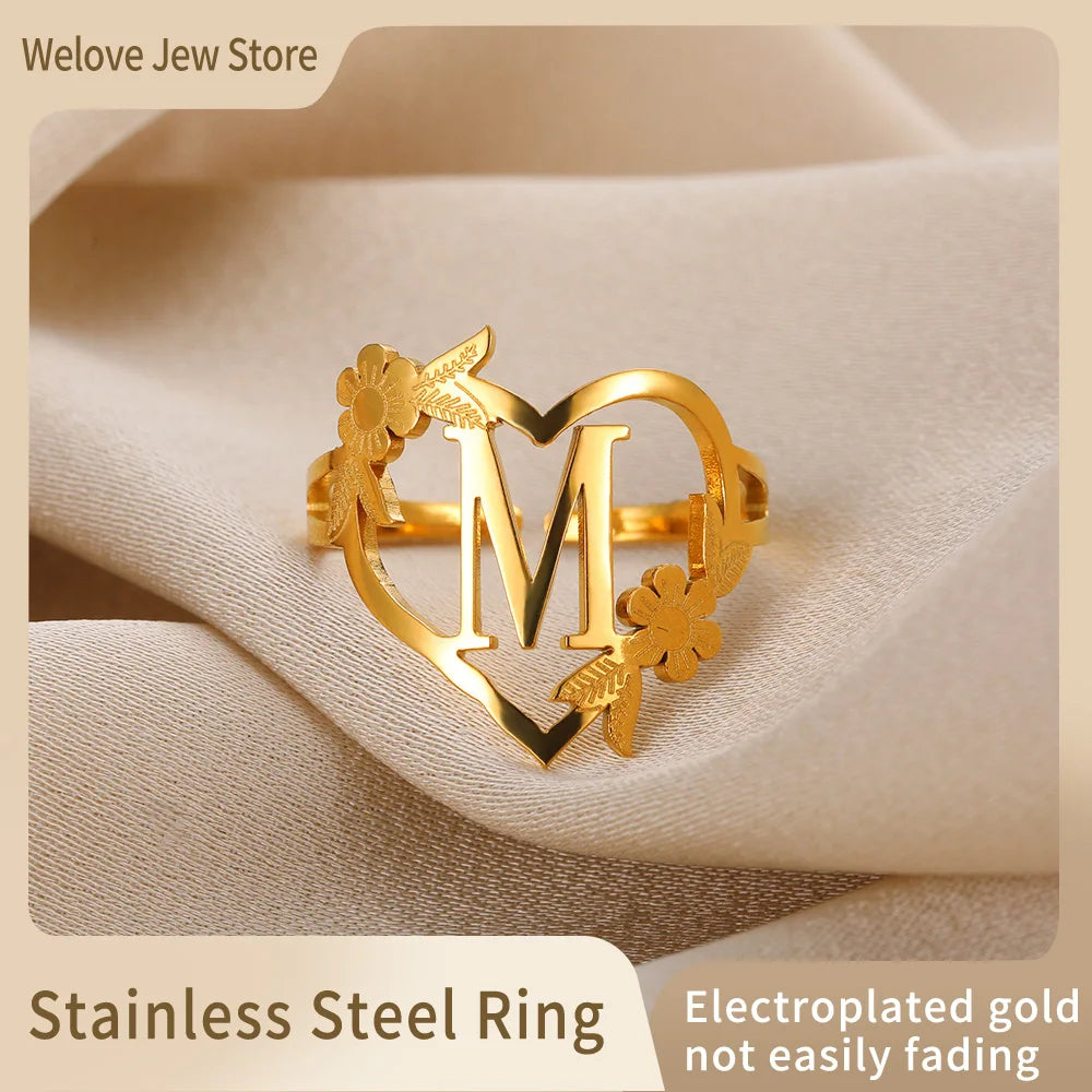 Stainless Steel Gold Color Heart A-Z Letter Rings For Women Anillos Mujer Love Open Initials Name Alphabet Ring Jewelry Gift
