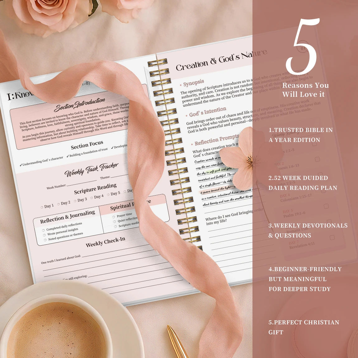 52 Week Bible Study Journal for Women Spiral Bound Guided Faith Planner with Daily Reading Reflection Tracker