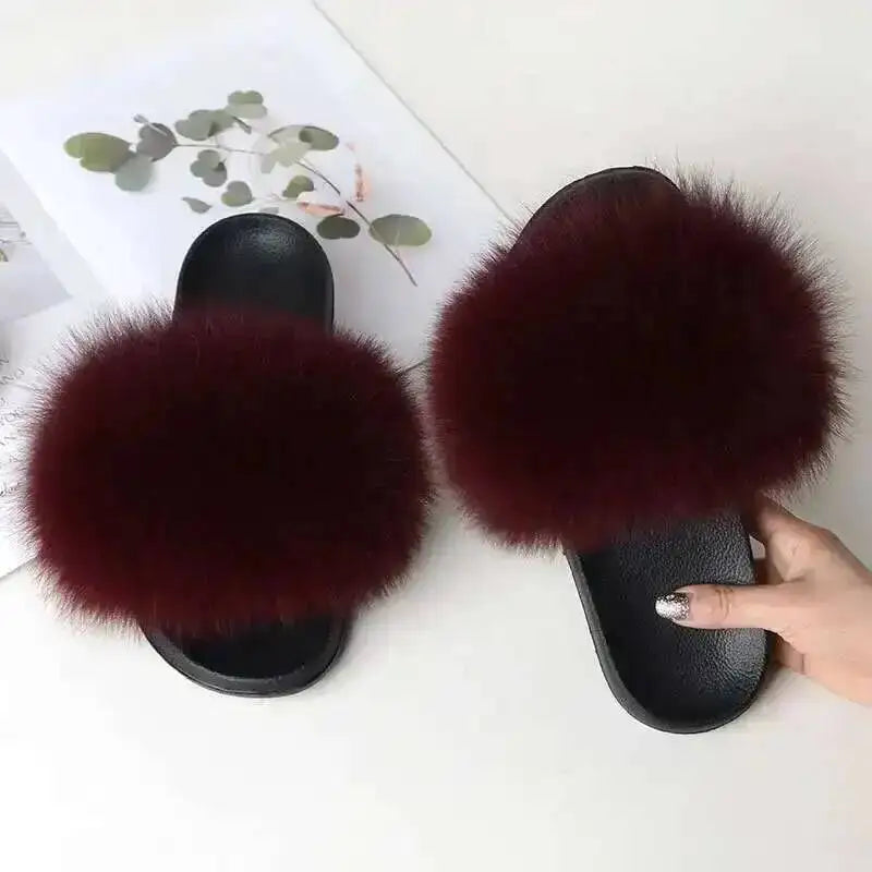 Ladies Real Fox Fur Slippers Summer Female Slides New Fuzzy Indoor Home Flats Women Cute Sandals Outdoor Beach Shoes Flip Flops