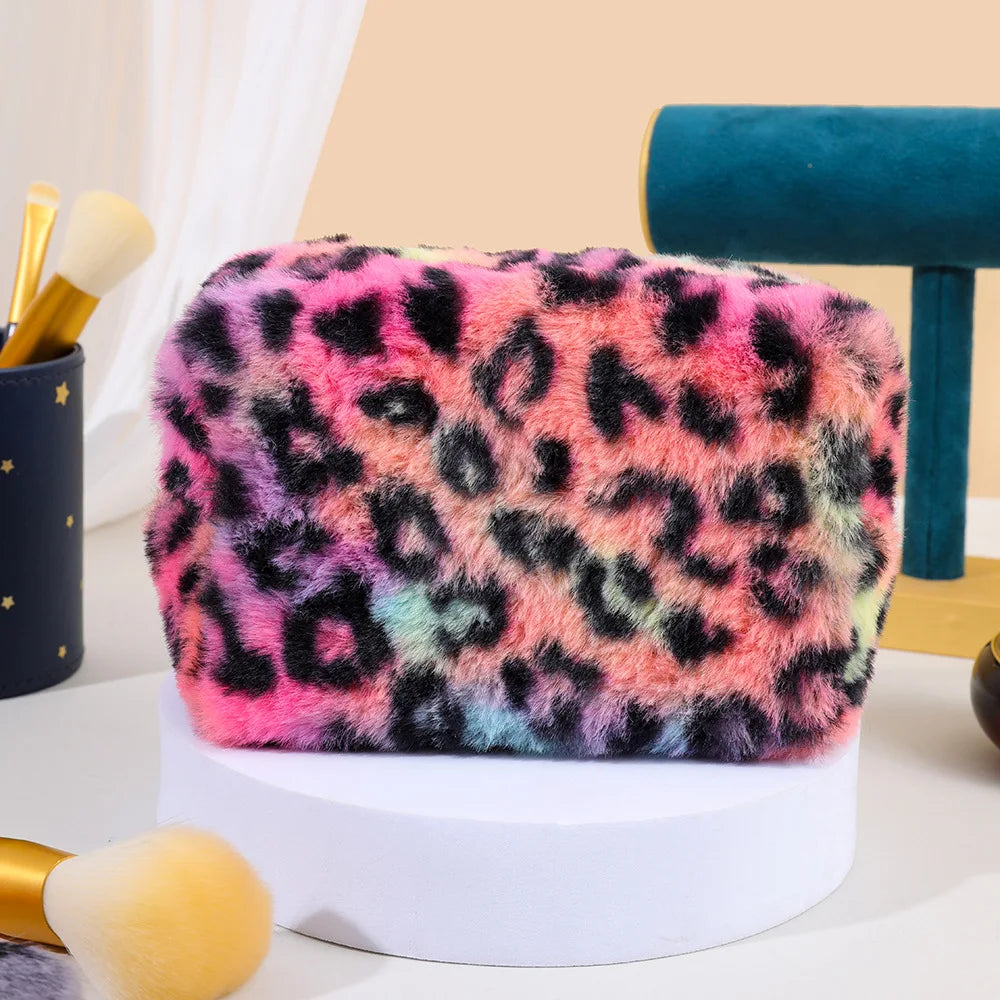 New Leopard Print Soft Plush Cosmetic Bag Makeup Bag Portable Toiletries Skincare Product Storage Bag Travel Makeup Organizer