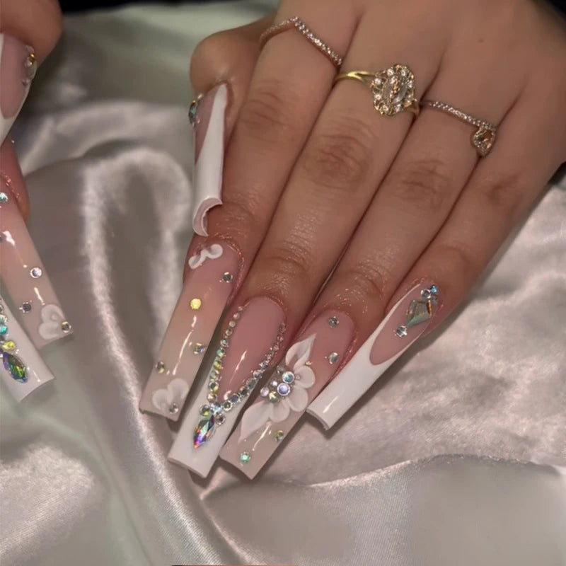 24Pcs Brown Long Coffin False Nails Glitter Ballet Wearable with French Design Fake nails Full Press on Nail Ins Nail Tips Art