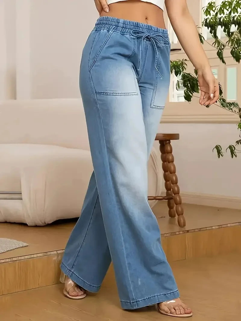 Women Jeans Wide Leg Pants Streetwear Denims Drawstring High Waist Washed Distressed Pockets Female Vintage Straight Trousers