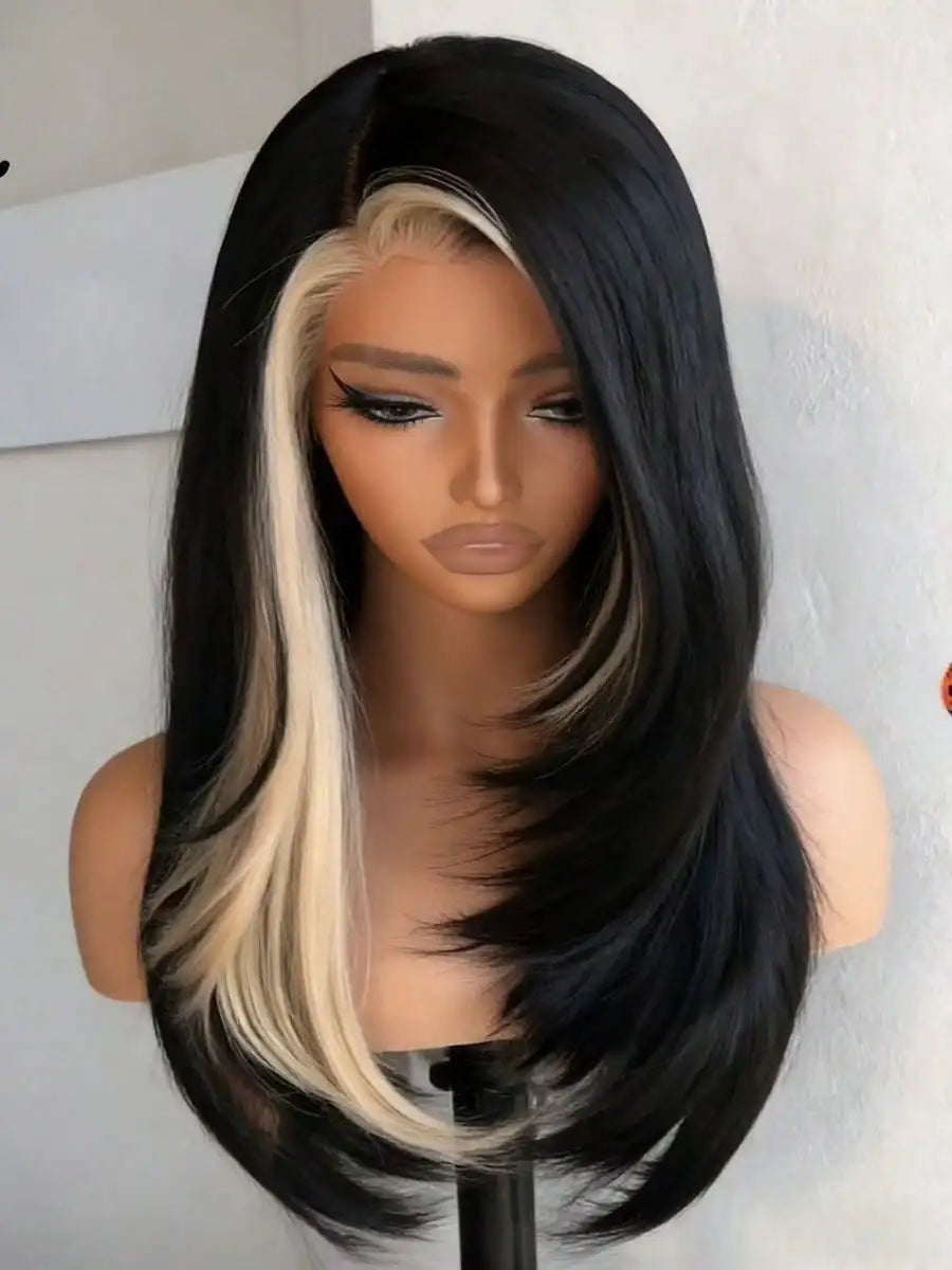 Highlight White Bone Straight 13x4 HD Transparent Lace Front Wig Black and White Glueless Human Hair for Women 200% Density