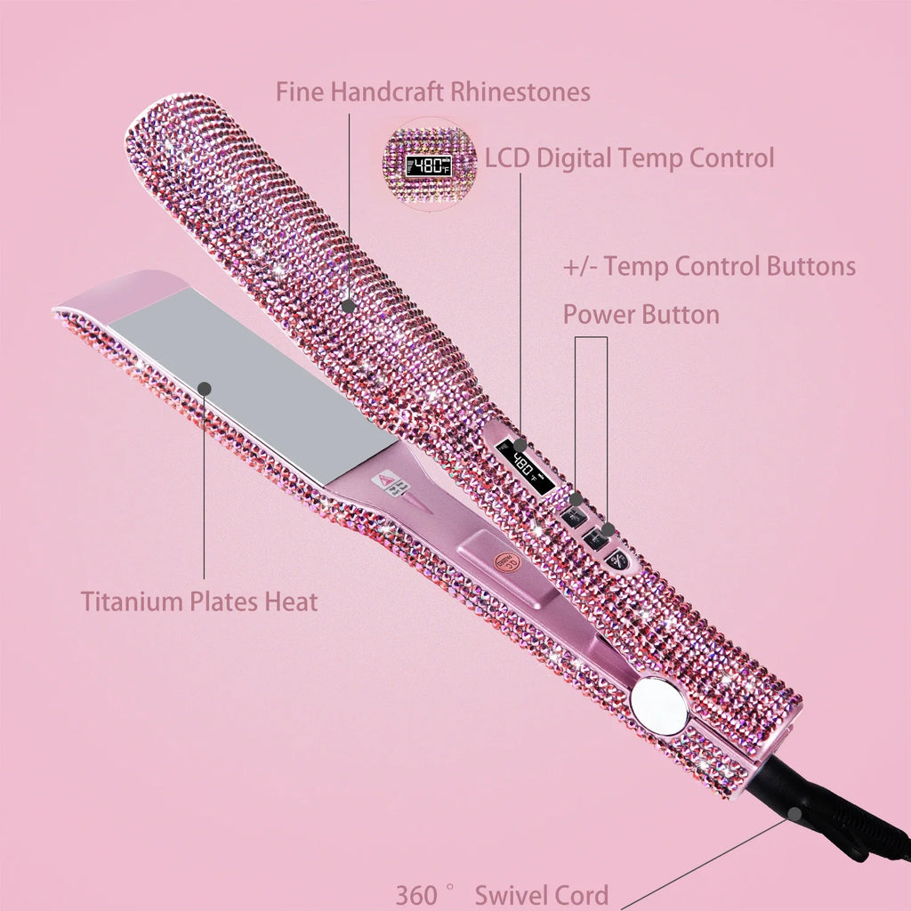 Professional Hair Straightener Rhinestone Flat Iron Titanium Dual Voltage 2 Inch LCD Display Hair Tools for Styling