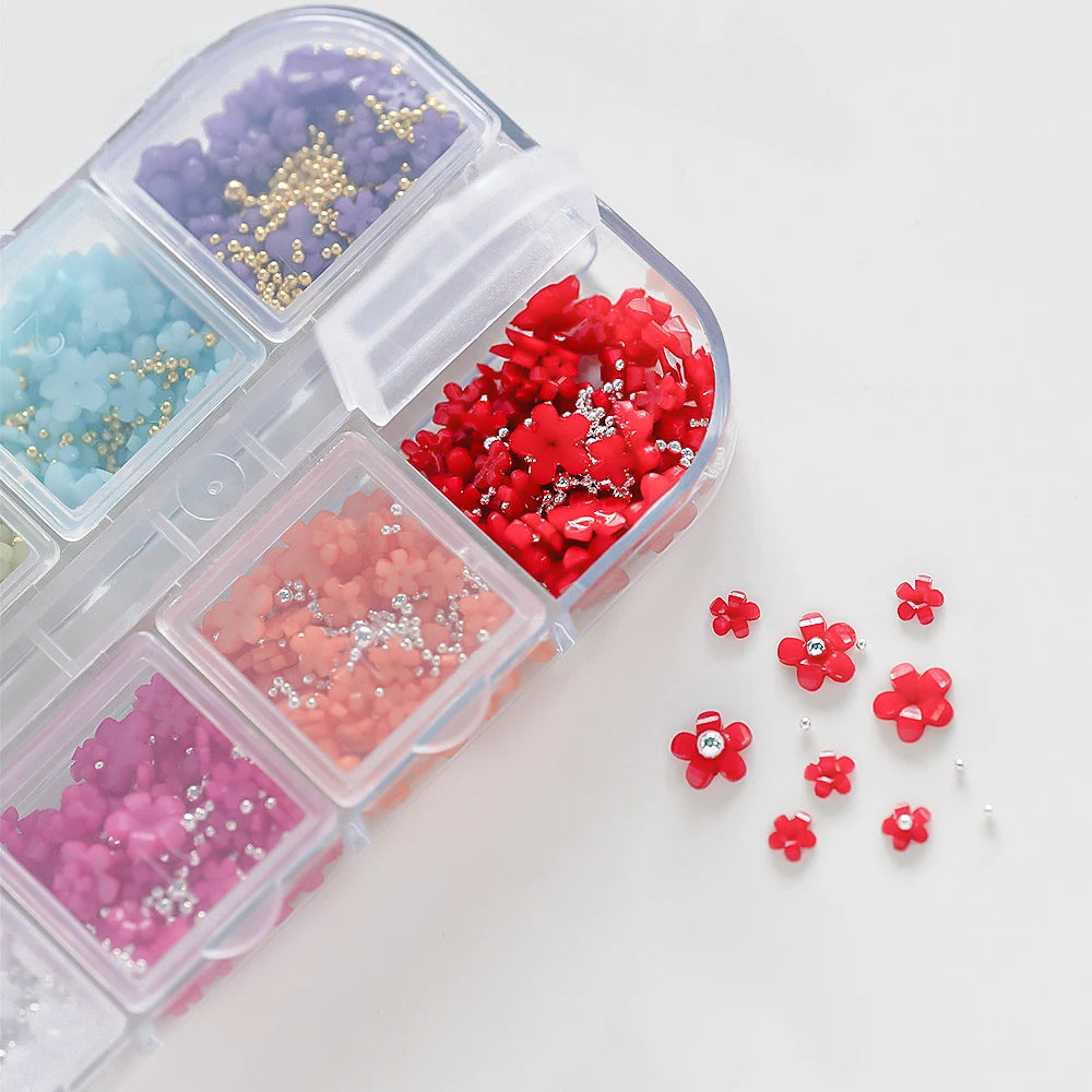 12/15Grids Acrylic Flower Nail Charms Mix Colors Set 3D Flower Nail Art Rhinestones Mixed Blossom Spring Gems DIY Nail Supplies