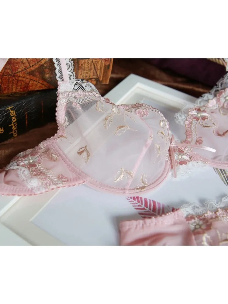 Luxury European and American Underwear Women Thin Big Size Sexy Bra Big Chest Small Lace Transparent Bra Set Perspective Winter