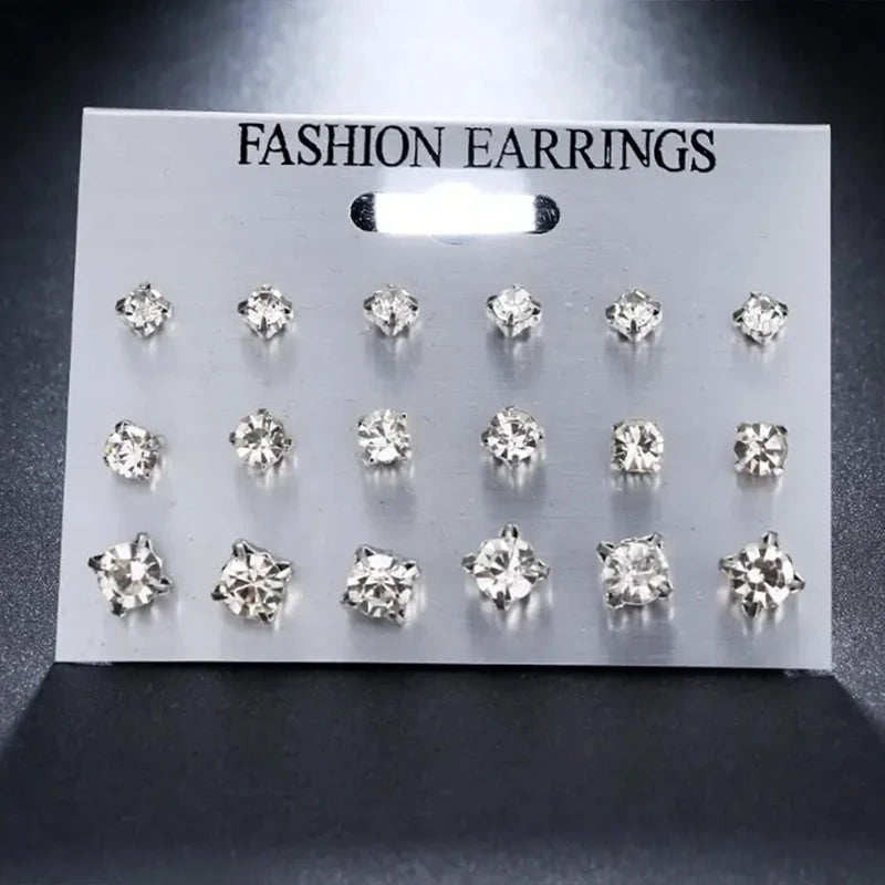 9-Pairs Sparkling Classic Stud Earrings Set for Women，Rhinestone Studded, Perfect for Everyday Wear and Festive Celebrations