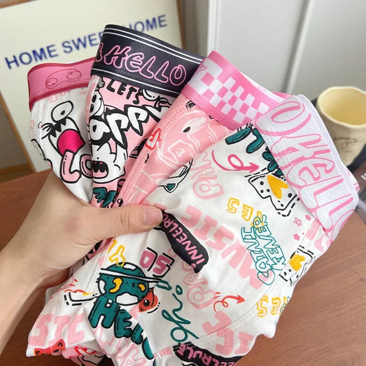 Trendy Pink Cotton Boxer Shorts for Men Cute Cartoon Design Bagged Four Corner Briefs Comfortable Breathable Men's Underwear