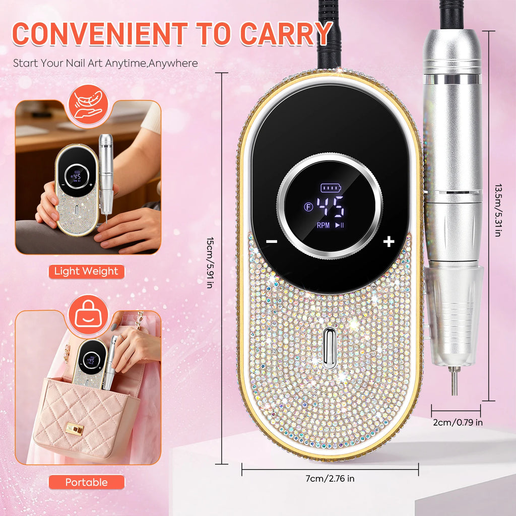 DianaBeauty 45000RPM Electric Nail Drill Machine Rechargeable Nail Polisher with Rhinestone Portable Nail File for Manicure