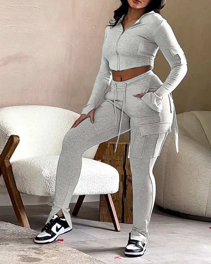 Zipper Design with Exposed Navel Hooded Sweatshirt and Drawstring V-Shaped Waistline Work Pants, Sports Pants Long Pants Set